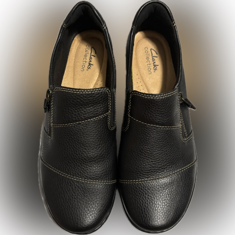 🛍️Clark’s Collection 🛍️Women’s Sz: 9.5 Black Leather Zipper Flat Loafers Shoes